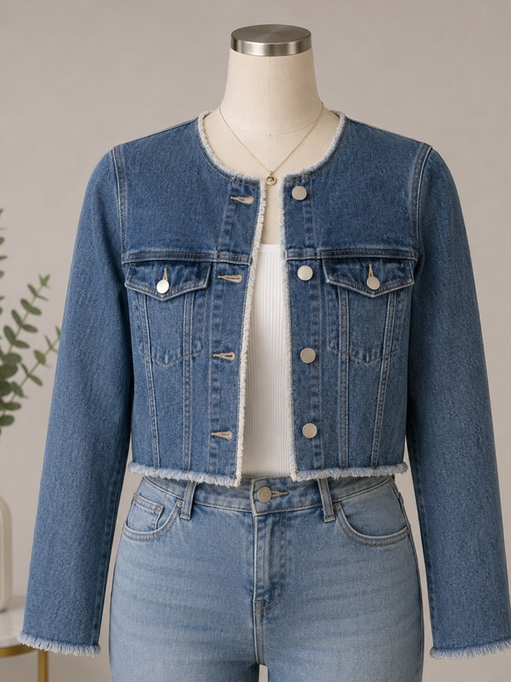 Vero Moda Medium Blue Cropped Collarless Denim Jacket Size M NEW